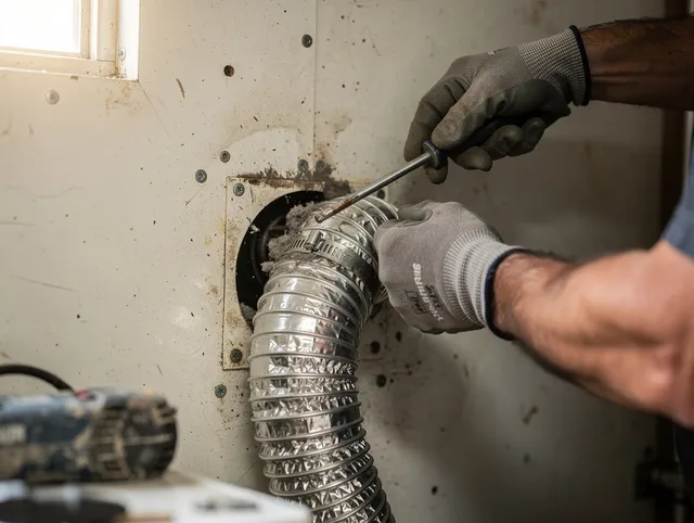 Newtown Dryer Vent Cleaning technician performing precise dryer vent hose installation in Newtown